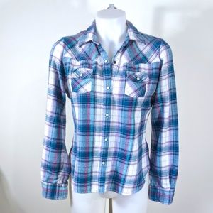 Mossimo Teal & Purple Plaid Button Up Flannel Sz L